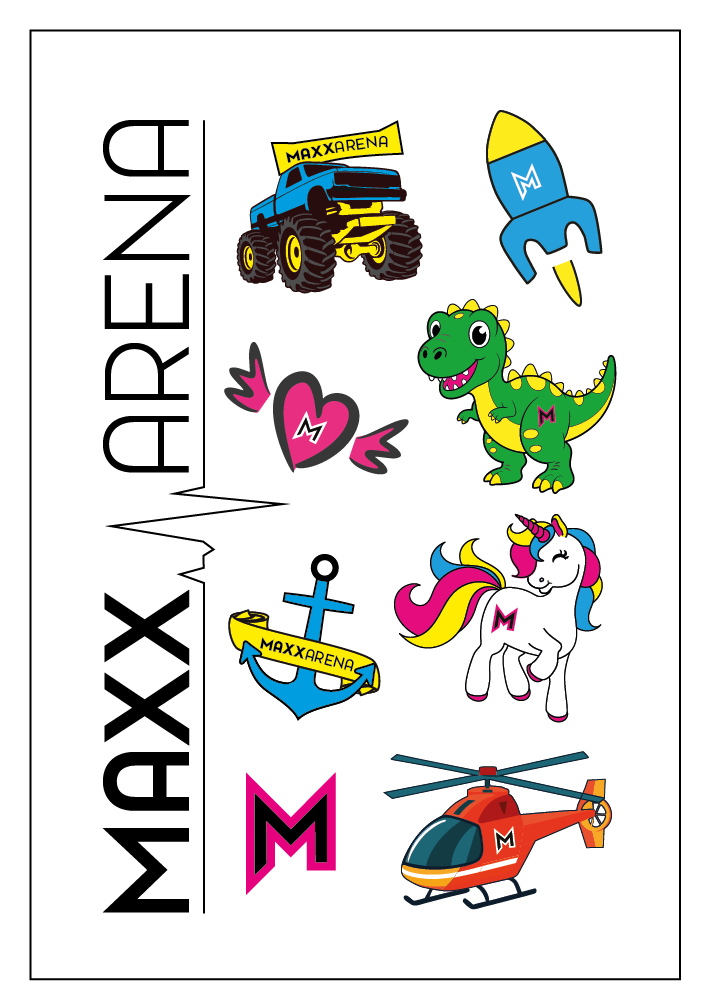 MAXX Arena Tattoos mit MAXX Arena Logo, grünem Dinosaurier, blauer Rakete, pinkem Herz, blauem Anker und einem bunten Einhorn.